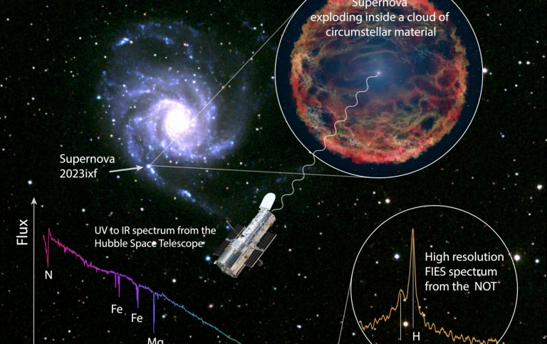 Schematiska illustrastioner av galaxen, supernovan och NOT spektrumet