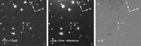 Left: PS1-10adi + field at early time. Middle: PS1-10adi + field at late time. Right: Early - Late (right), to subtract off the background. Image credit: Erkki Kankare et al.