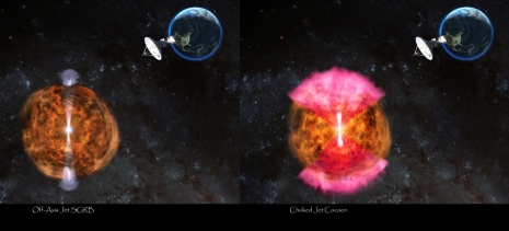 The image to the left shows the off-axis jet (giving rise to a short duration gamma-ray burst - or SGRB). This scenario is ruled out. The image to the right shows a jet within GW170817 (narrow bright beam emanating from GW170817) that has dissipated its energy into the dynamical ejecta (shown in brown/yellow) and thus given rise to a wide-angle outflow (shown in red/pink) - a scenario called the choked-jet cocoon.​ This images is a schematic representation and not to scale. Image credit: NRAO/AUI/NSF: D. Berry​