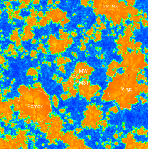 Clumps of orange ionized gas surrounded by blue neutral gas in a simulation of our early Universe